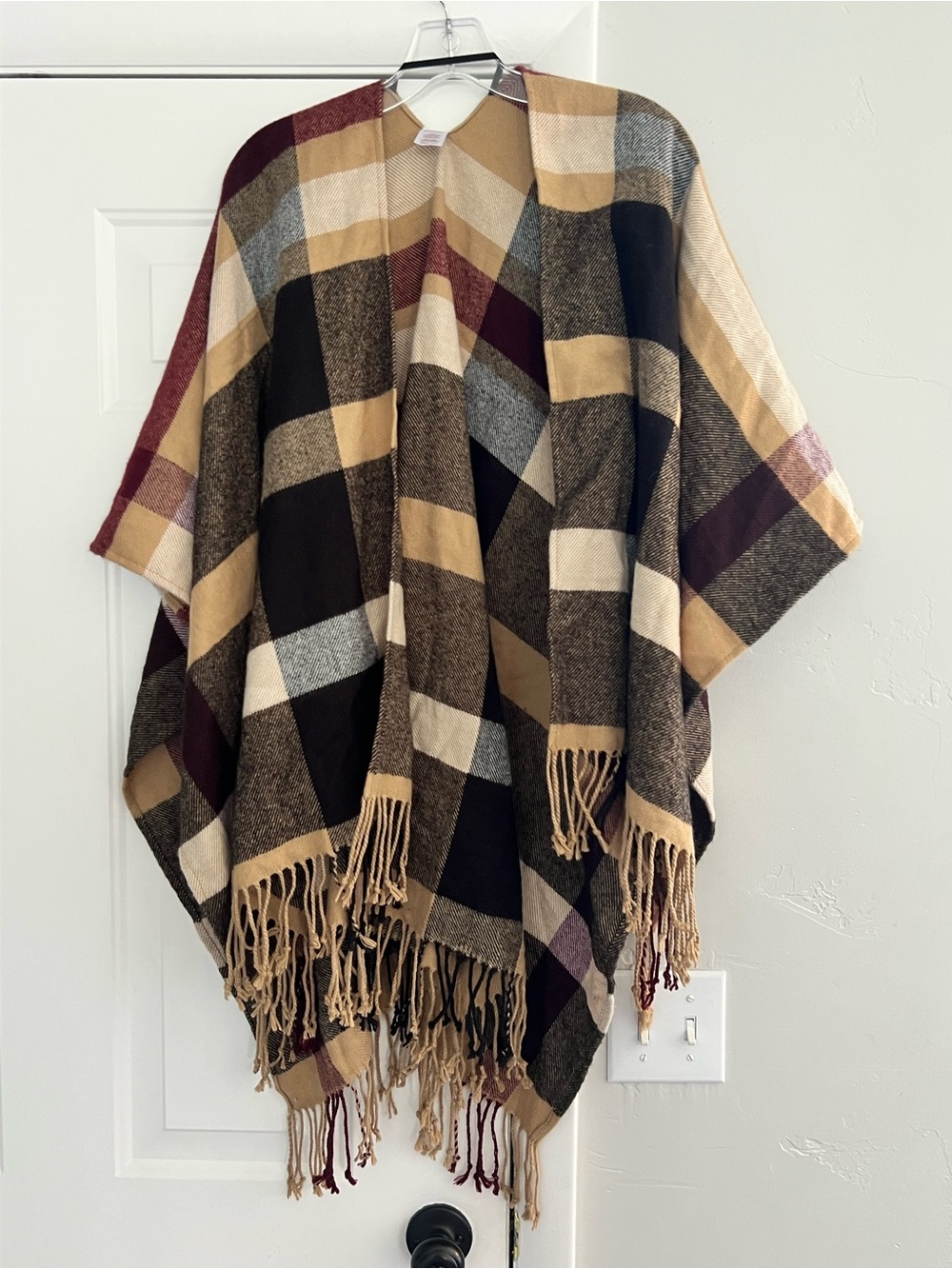 Cozy Plaid Fringe Poncho Wrap - Tan, Brown & Burgundy